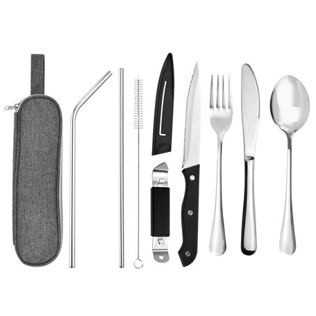 SLTAXAR 9 PCS Set de Couverts en Inox Portable Ensemble de Couverts de Table Ensemble de Couverts de Voyage Camping Couverts de