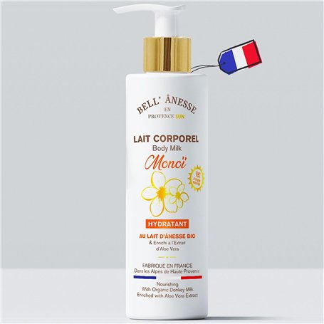 Lait corps hydratant Monoi au Lait Frais d'Ânesse Bio + Aloe Vera. Fabrication Française. Tous types de peau. Flacon pompe 250 m