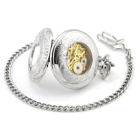 Infinite U Double Affichage de l'Heure Squelette Creux Acier Main-Vent Montre de Poche Mécanique Argent