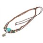 Collier ras-de-cou en cordon de chanvre marron fait main avec perle turquoise et pendentif fleur argenté – Ajustable par perle e