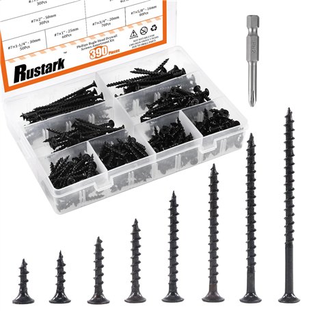 Rustark 390 pièces #7 Vis à bois à filetage épais pour cloison sèche avec clé Phillips Noir Oxyde Finsh Finsh Kit d'assortiment