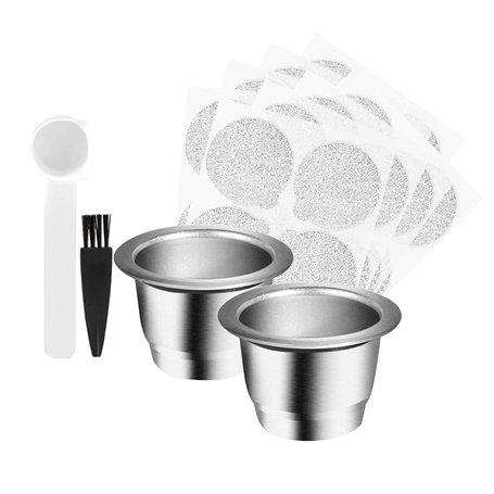CENPEK Dosettes de café rechargeables en acier inoxydable compatible avec machines Nes-Presso (2 tasses + 100 couvercles)