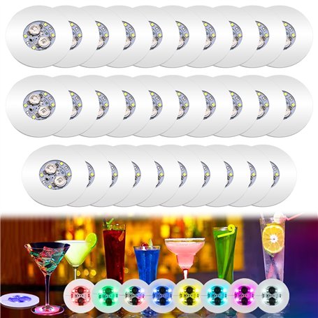 Lot de 30 dessous de verre LED - Autocollants lumineux colorés - 3 modes d'éclairage - Autocollants ronds de 6 cm pour bouteille