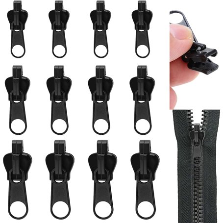 ETELIAR Curseur Fermeture Eclair 12 Pièces Curseur Fermeture Eclair Clipsable 3 Tailles Reparation Fermeture Eclair Couleur: Noi