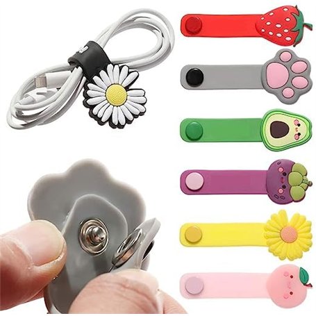 Lot de 12 organiseurs de câbles en silicone avec bouton pression en métal - Réutilisables - Motif dessin animé