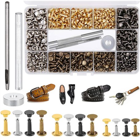 480 Ensemble Rivets en Cuir 4 Couleurs Double Cap Rivets pour Cuir 3 Tailles Double Rivet Goujons Tubulaires en Métal pour Brico