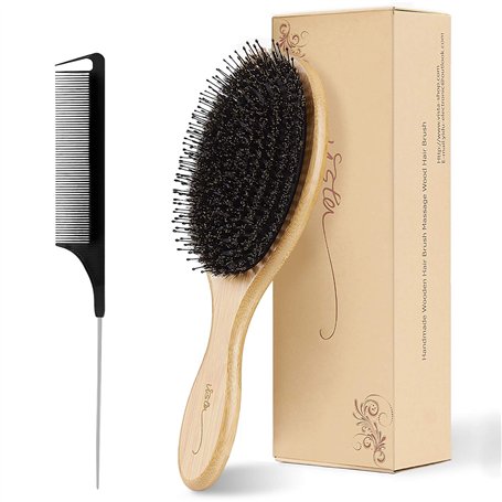 Brosse Cheveux Sanglier avec Poignée en Bambou Brosse Brushing Professionnel et Peigne a Queue Carbone Brosse Cheveux Excellente