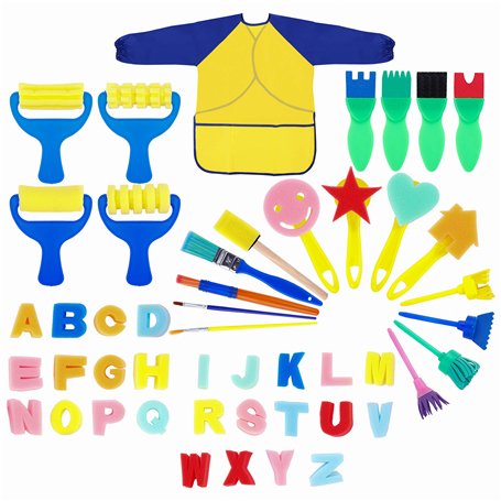 Éponge Brosses de Peinture Enfant Ensemble Pinceaux et Tablier 48 Pièces Art DIY Outils d'art d'apprentissage Précoce d’Bambin p