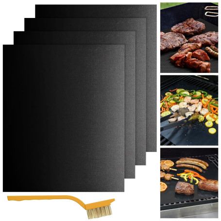 Kezidhp Lot de 4 Tapis BBQ Réutilisables Anti-Adhérents avec Brosse de Nettoyage Incluse - Plaque de Cuisson pour Barbecue Gaz