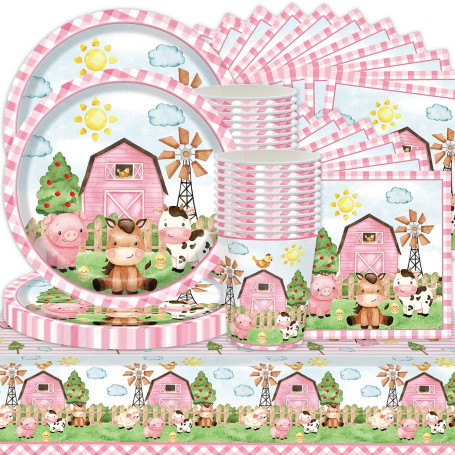 Lot de 61 pièces de vaisselle de fête de la ferme - Motif cochon et agneau - Pour anniversaire de ferme - Comprend assiettes