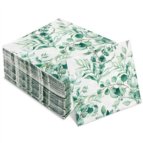 Druuzyl 100 Serviettes en Papier Eucalyptus Vert - Motif Naturel pour Baptême