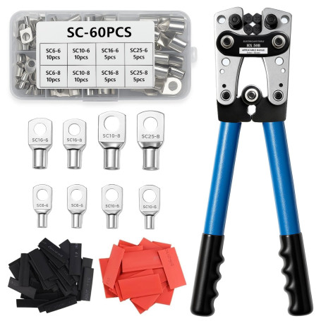 Druuzyl Pince à Sertir Professionnelle pour Cosses 10-1/0 AWG (6-50mm²) - Avec 60 Bornes à Anneau en Cuivre + 60 Gainettes Therm