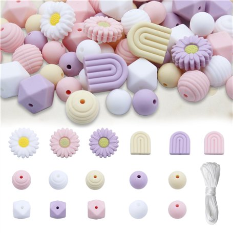 Druuzyl Lot de 76 Perles Rondes en Silicone en Forme de Fleur Perles en Silicone en Forme de Marguerite en Vrac en Fleur Avec Co