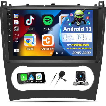 Autoradio Android 13 Carplay 4+64G pour Mercedes Benz CLK/GLK W209 W203 2005-2009