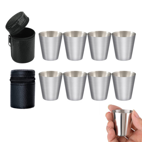 HXHWKEN Verres à Shot en Acier Inoxydable Portable Empilable Schnaps Gobelet Mini Metal Gobelets avec étui en cuir pour Voyage E