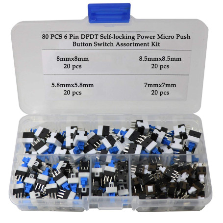 80Pcs 6 broches DPDT micro interrupteurs à bouton-poussoir de puissance autobloquants (5.8X5.8mm 7X7mm 8X8mm 8.5X8.5mm)