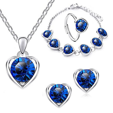 XFSRG Ensemble de Bijoux Fantaisie Femme Collier Bracelet Bague et Boucles d'Oreilles en avec Pendentif en Cristal Bleu Parure B
