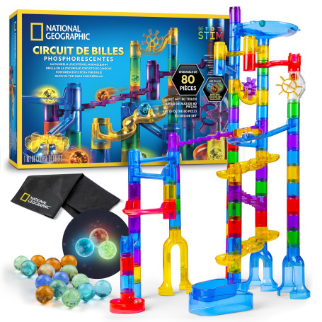 Blue Marble National Geographic Circuit à Billes Fluorescent – Jeu de Construction avec 15 Billes en Verre Lumineuses & Sac de R