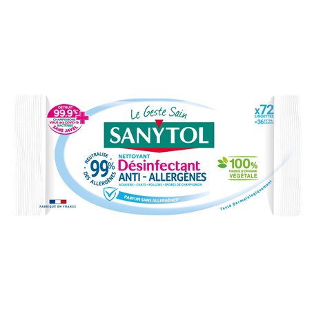 Sanytol - Lingettes Désinfectantes Multi-Usages - Anti-Allergène - x72 - Lot de 3 - Bactéricide