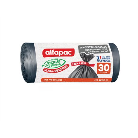 alfapac- 20 sacs-poubelle 30L à lien large ultra-resistant - fabriqués en France - bi-matière recyclée & végétale