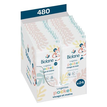 BIOLANE - Pack 24 Lingettes bébé pocket visage et mains - 480 Lingettes nettoyantes (24x20) - Nettoie et protège - Peaux Sensibl