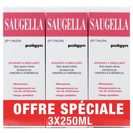 Saugella - Poligyn - Soin lavant intime - Ménopause - Soulage les désagréments et démangeaisons intimes - Lot de 3x250ml
