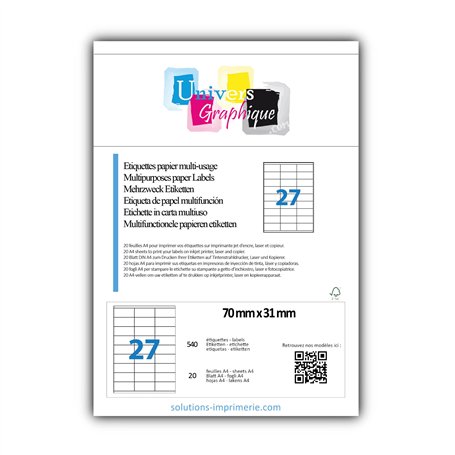20 Planches de 27 étiquettes 70 x 31 mm = 540 étiquettes autocollantes Blanc Mat Feuilles A4 étiquette adhésive 70 x 31 UGE27V02