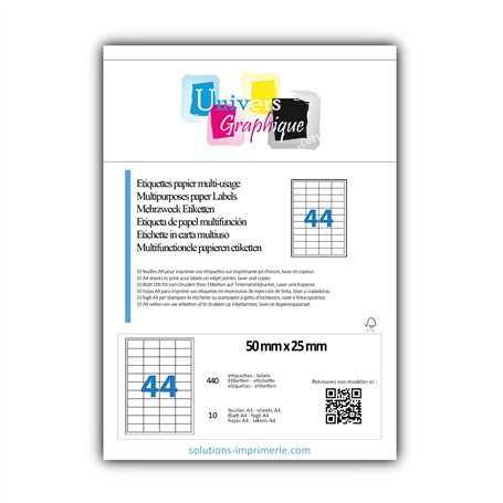 10 Planches de 44 de mini étiquette 50 x 25 mm = 440 étiquettes - Blanc Mat - pour imprimantes Laser et Jet d'encre - Feuilles A