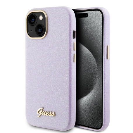 Guess GUHCP15SPGMCSL Coque pour iPhone 15 6.1" Violette Rigide Script Brillant à Paillettes