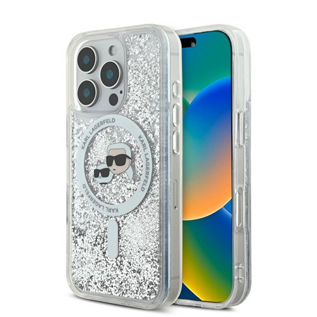 CG MOBILE Karl Lagerfeld Magsafe Coque Rigide à Paillettes liquides avec tête Karl & Choupette pour iPhone 16 Pro