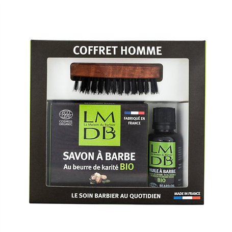 La Maison du Barbier - Coffret Soin Barbe - Brosse + Huile à Barbe aux 4 Huiles Bio + Savon à Barbe au Beurre de Karité Bio - Ec