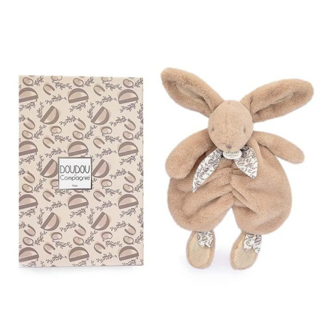 DOUDOU ET COMPAGNIE - Lapin Doudou beige sable – Peluche Ultra Douce avec Foulard Fleuri – Doudou Plat Bébé Fille dès la Naissan