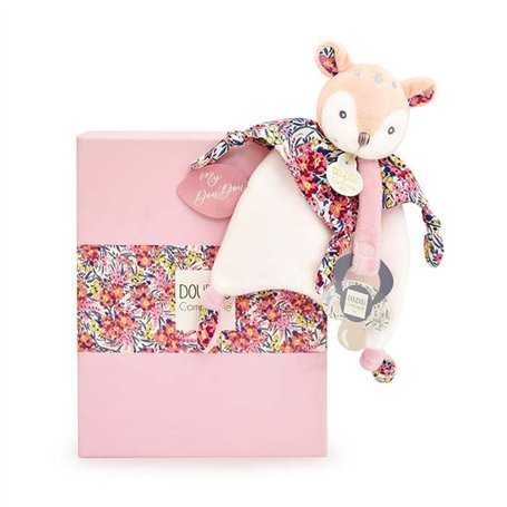 DOUDOU ET COMPAGNIE – BOH’AIME FAON Doudou Rose Attache Sucette – Peluche Ultra Douce – Avec Boîte Cadeau Fleurie – Idée Cadeau