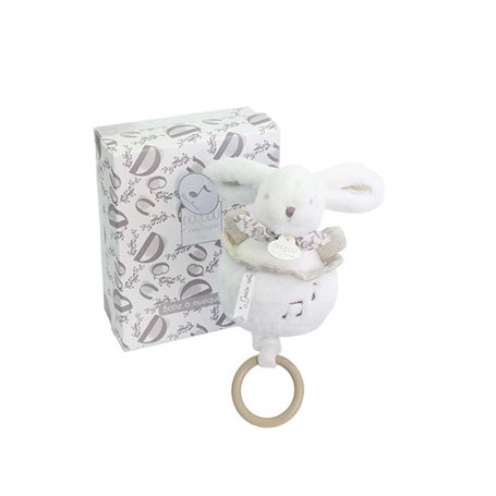 DOUDOU ET COMPAGNIE - Boîte à Musique Lapin Doudou Blanc – Peluche Musicale Ultra Douce Bébé avec Anneau Bois – Doudou Veilleuse