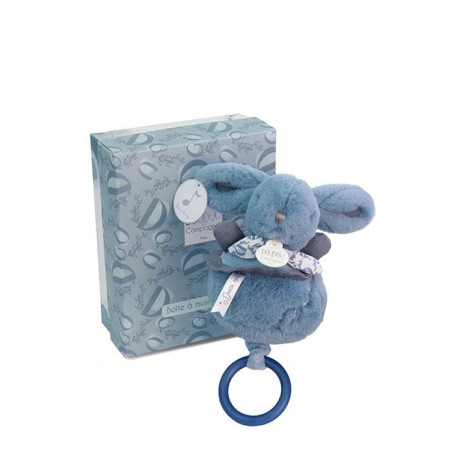 DOUDOU ET COMPAGNIE - Boîte à Musique Lapin Doudou bleu – Peluche Musicale Ultra Douce Bébé avec Anneau Bois – Doudou Veilleuse