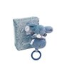 DOUDOU ET COMPAGNIE - Boîte à Musique Lapin Doudou bleu – Peluche Musicale Ultra Douce Bébé avec Anneau Bois – Doudou Veilleuse