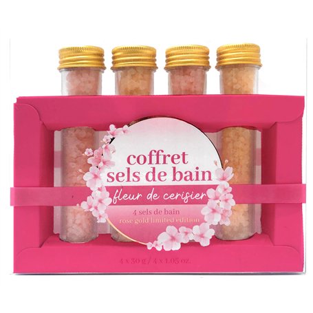 French Tendance - Coffret 4 Tubes à Essai Sel de Bain - Beauté - Relaxation - Senteur Fleur de Cerisier - Soins Corps - Aromathé