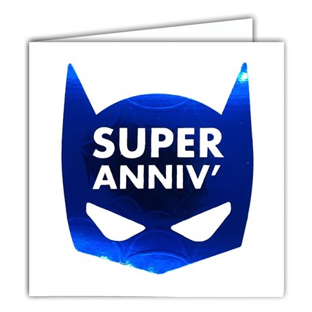 22227 Carte carrée Super ANNIVERSAIRE Masque de Super-héros Batman Bleu Brillant - Avec Enveloppe blanche 15x15cm - Création Édi