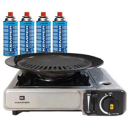 KEMPER - Barbecue Grill 2 en 1 Réchaud gaz piézo 2200 W + Plaque grill + 4 cartouches gaz Butane Camping