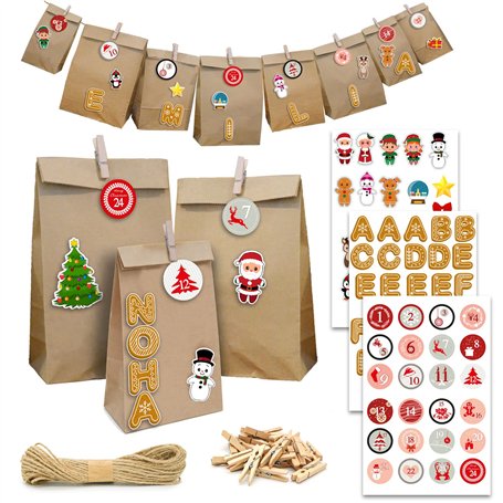 DuneDesign XXL SET AVEC NOMS : Calendrier de l'Avent DIY - 24 Sacs Cadeaux Sac en Papier 3 Tailles 100 Stickers Avent Guirlande