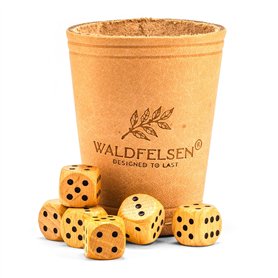 Waldfelsen® Gobelet à dés en Cuir Véritable (9 cm) avec 6 cubes en bois (16 mm) en bois de hêtre Tasses en Cuir Set de dés pour