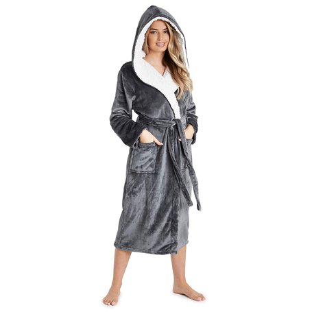 CityComfort Robe de Chambre Femme en Polaire Douce - Peignoir Long Capuche Adulte (Gris Foncé