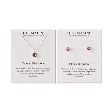 Philip Jones Ensemble collier et boucles d'oreilles avec pierre de naissance d'octobre (tourmaline) créés avec des cristaux Zirc