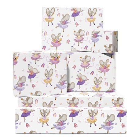 Papier cadeau souris – 6 feuilles de papier cadeau pour elle – Souris ballerine – Motif cœur arc-en-ciel – Papier cadeau blanc –