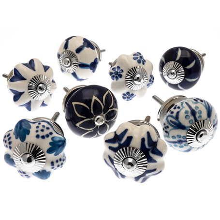 Mango Tree Lot de 8 poignées de porte peintes à la main en bleu et blanc
