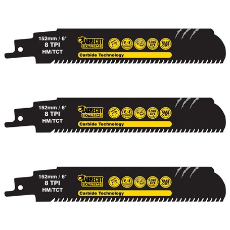 SabreCut SCRS930HM_3 Lot de 3 lames de scie sabre en carbure de tungstène 152 mm 8 TPI S930HM pour coupe rapide du bois et du mé