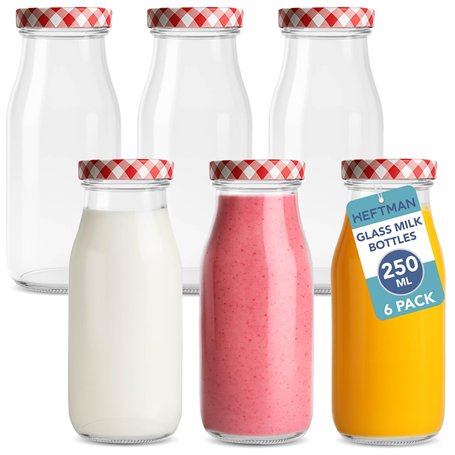HEFTMAN Lot de 6 mini bouteilles de lait en verre avec couvercles - Vides - 250 ml - Avec couvercles vichy rouges - Pour boisson