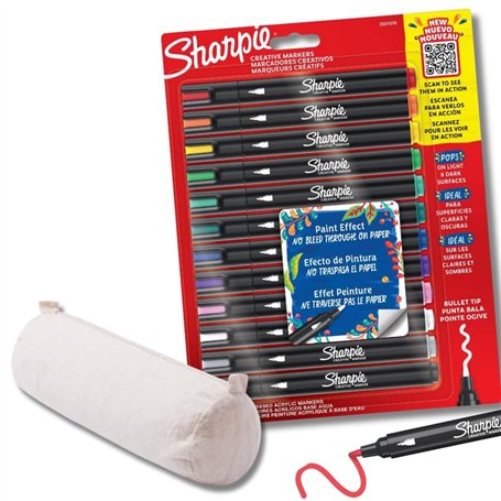 SHARPIE Creative Marker Lot de 12 marqueurs acryliques à pointe ogive + trousse en coton pour personnalisation