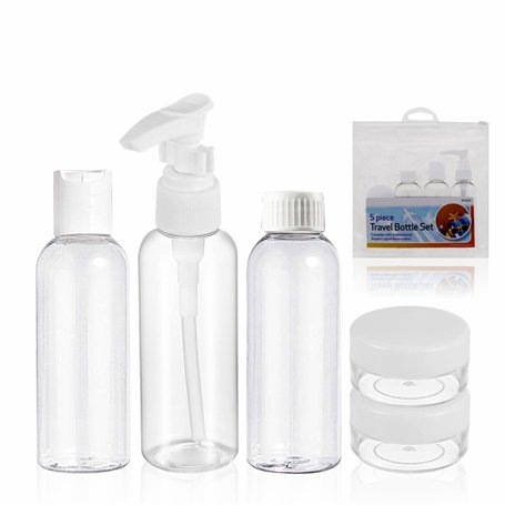 Lot de 5 flacons de voyage transparents pour articles de toilette avec pochette à fermeture éclair anti-fuite rechargeables pour