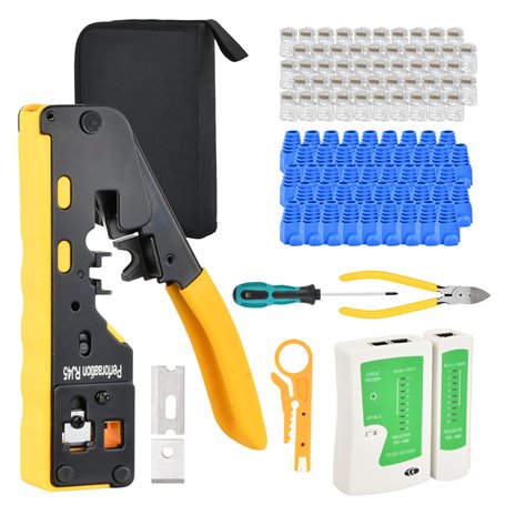 Pince à Sertir RJ45 Kit pour Connecteur Réseau CAT5/CAT5E/CAT6/CAT6A/CAT7 Kit de Outil Sertissage RJ45 avec 50 Connecteurs Teste